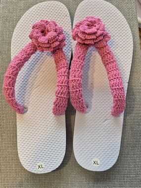 White Flip Flops with Pink Crochet Flower Straps